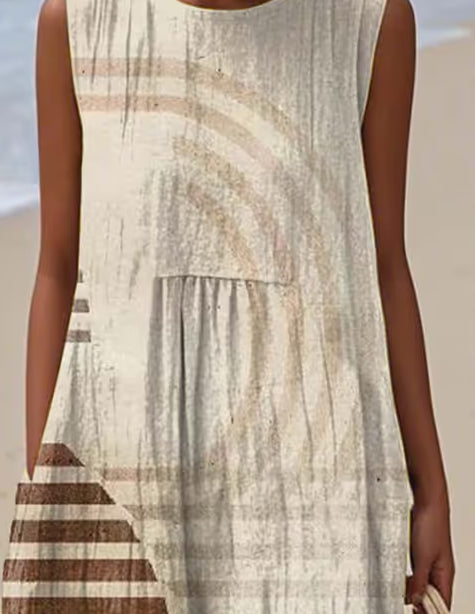 Women'S Round Neck Sleeveless Color-Block Printed Dress