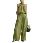 Womens Elegant Round-Neck Sleeveless Top And Pants Suit