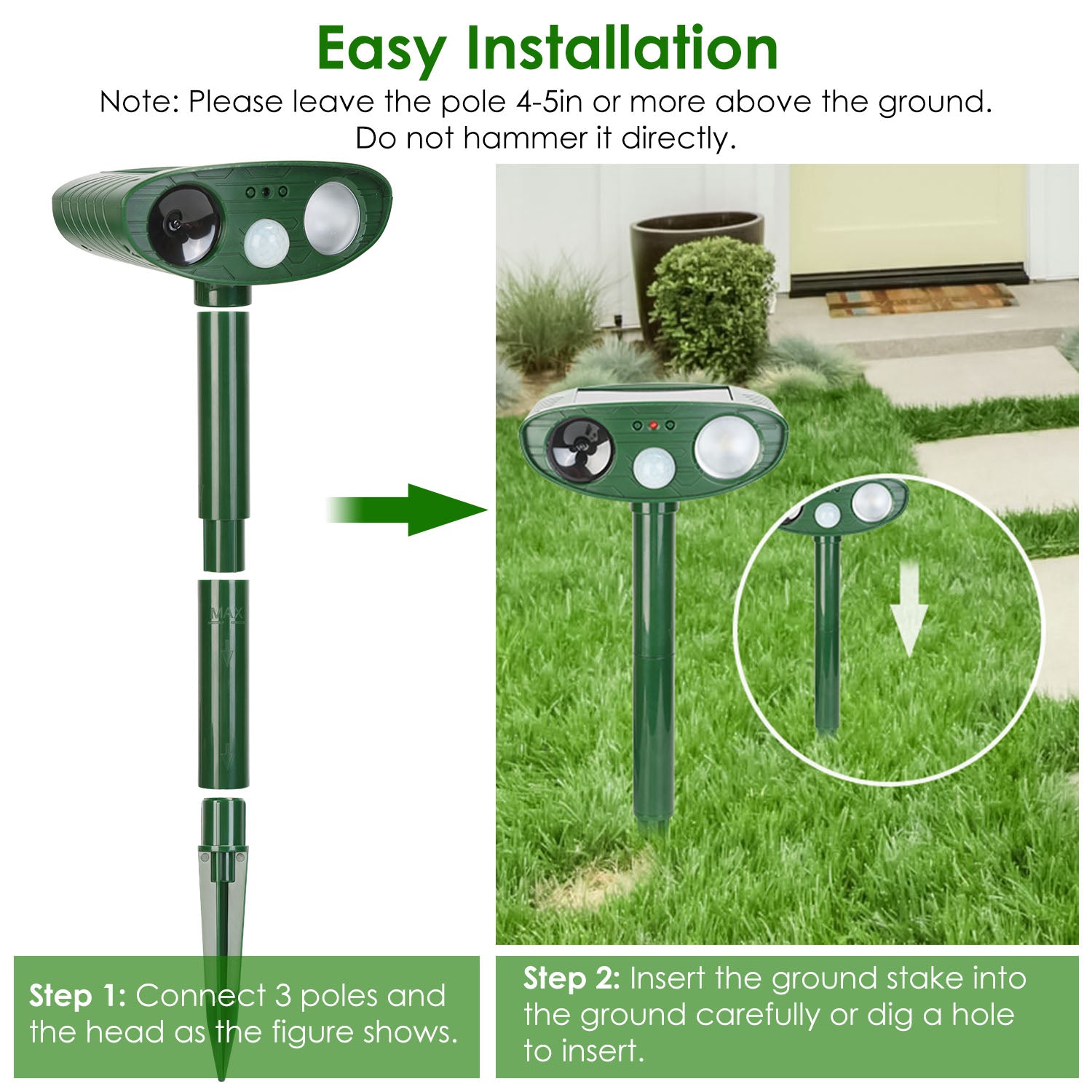 1Pc Solar Ultrasonic Animal Repeller PIR Sensor Animal Repellent Chaser With Flashing Light IPX4 Waterproof For Chasing Deer Raccoon Squirrel Rat Skunk Rabbit Mole Dog Cat Snake