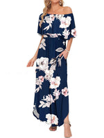 Printed Off-shoulder Short-sleeve Maxi Dress