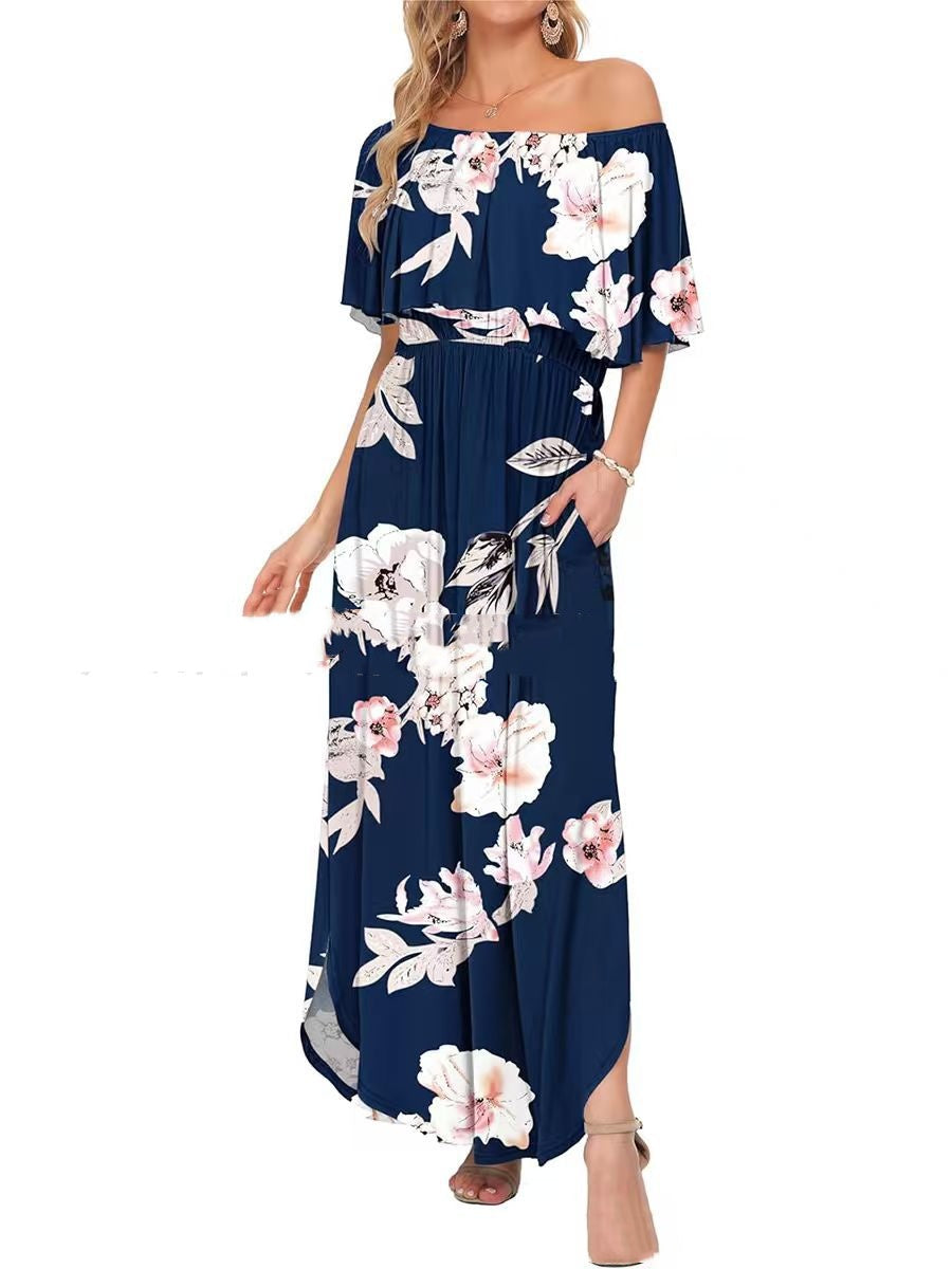 Printed Off-shoulder Short-sleeve Maxi Dress