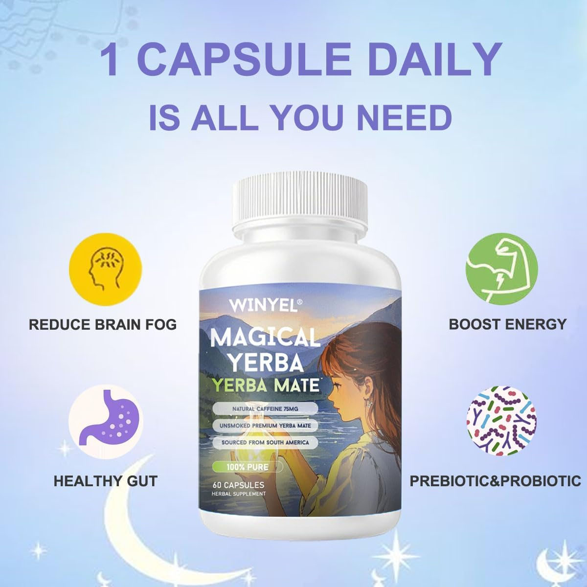 WINYEL Yerba Mate Capsules  75mg Natural Caffeine Per Capsule  Natural Plant-Based Energy & Focus Support  Supports Mental Clarity & Digestive Wellness Gut Health  60 Capsules