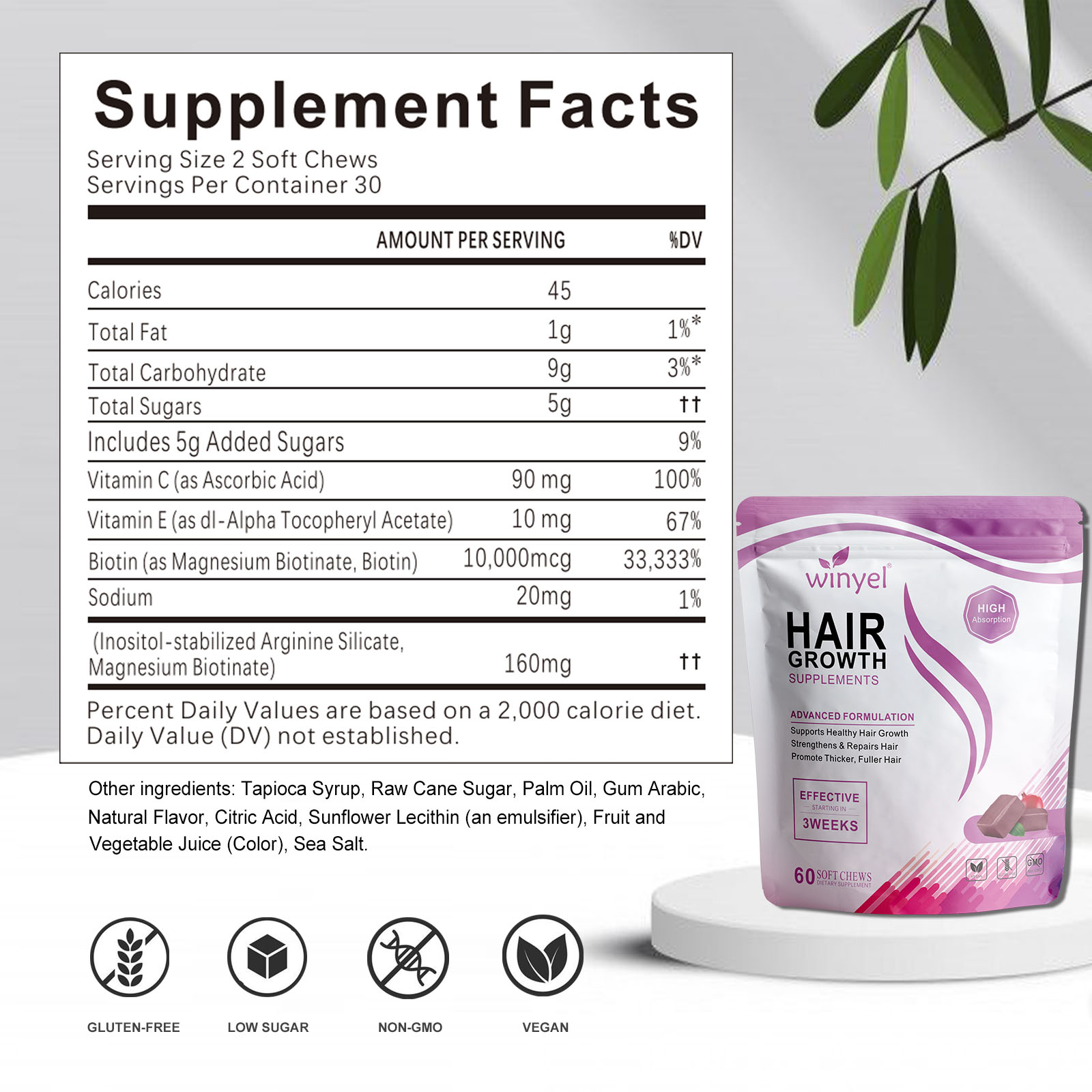 WINYEL Hair Growth Soft Chewables, Containing Hair Growth Vitamins For Men And Women, Biotin, To Help Create Thicker, Fuller, And Stronger Hair, Mixed Berries, 60 Soft Chewables.