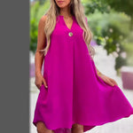 Womens Solid-Colored Sleeveless V-Neck Dress With Button Detailing