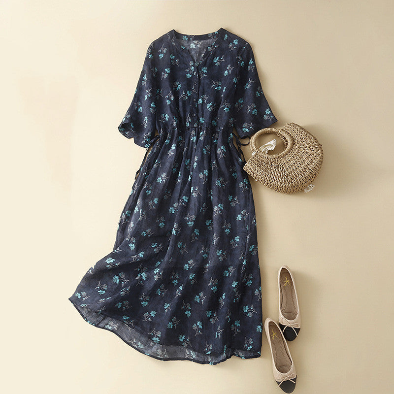 Mid-length Printed Loose-fit Retro Artistic Casual Dress
