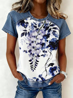 Color-block Printed Short-sleeve Womens Loose Top