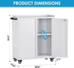 Metal Storage Cabinet With 2 Doors And 4 Hooks,Top Workbench Mobile Tool Chests Garage Cabinets With 4 Wheels And Lock Push Arm For Home,Office,Shop White