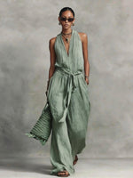 Casual Lace-up Sleeveless Cotton-blend Jumpsuit