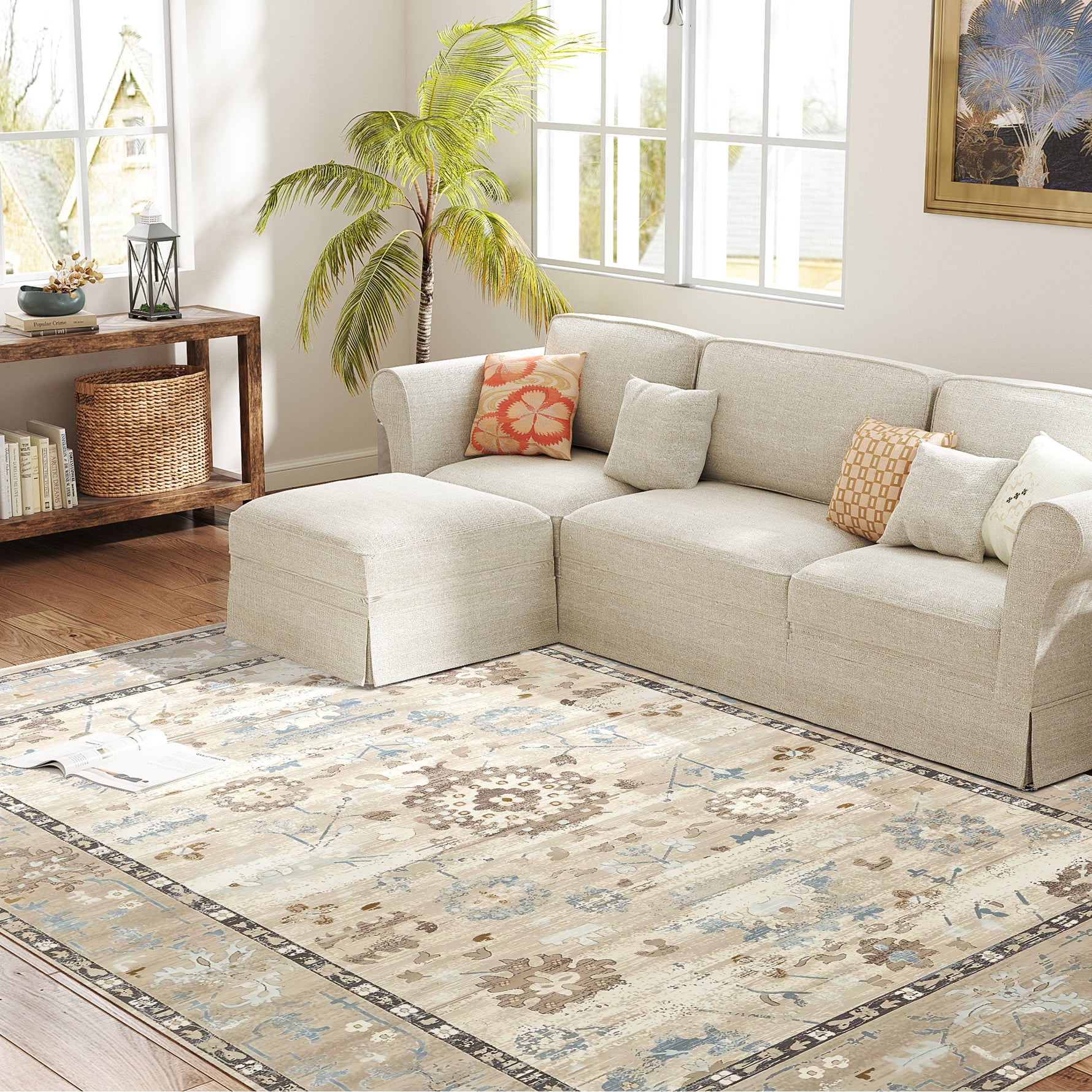 8x10 Area Rug, Indoor Boho Machine Washable Carpet For Living Room, Bedroom, Dining Room, Kitchen, Blue