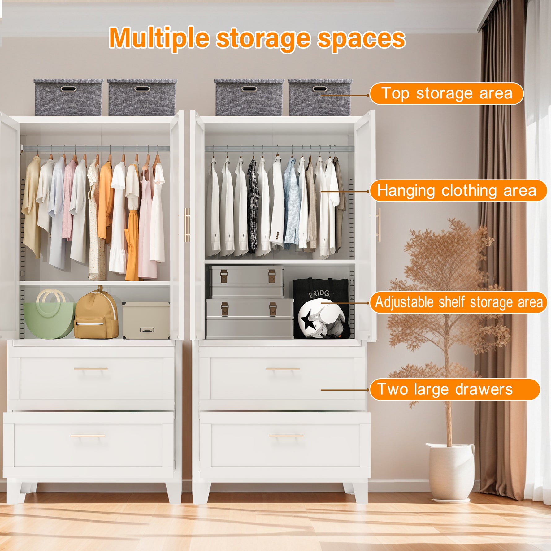 71inch Tall Metal Wardrobe Cabinet With 2 Drawers And Hanging Rod, 2 Doors Wardrobe Closet With Shelf For Bedroom, Office, Laundry Room,Entryway ,Foyer,Guesthouse White