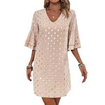 Elegant V-Neck Flared-Sleeve Polka-Dot Gold-Stamped Womens Dress