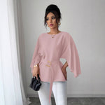 Womens Flared Sleeve Defined Waist Round Neck Lace-Up Slimming Shirt
