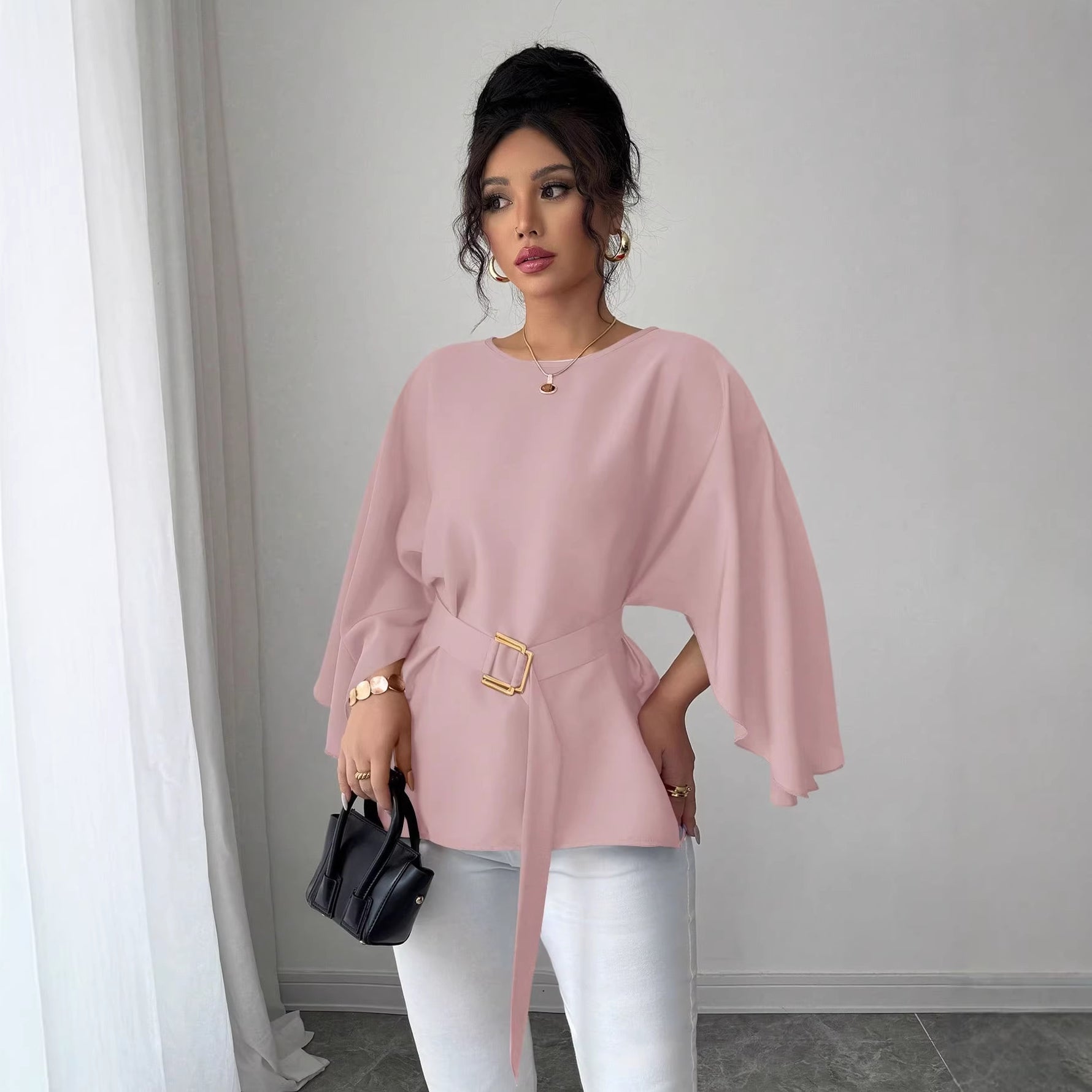 Womens Flared Sleeve Defined Waist Round Neck Lace-Up Slimming Shirt