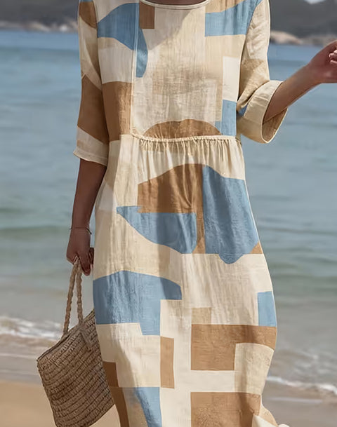 Women's Casual Round Neck Mid Sleeve Print Cotton And Linen Dress