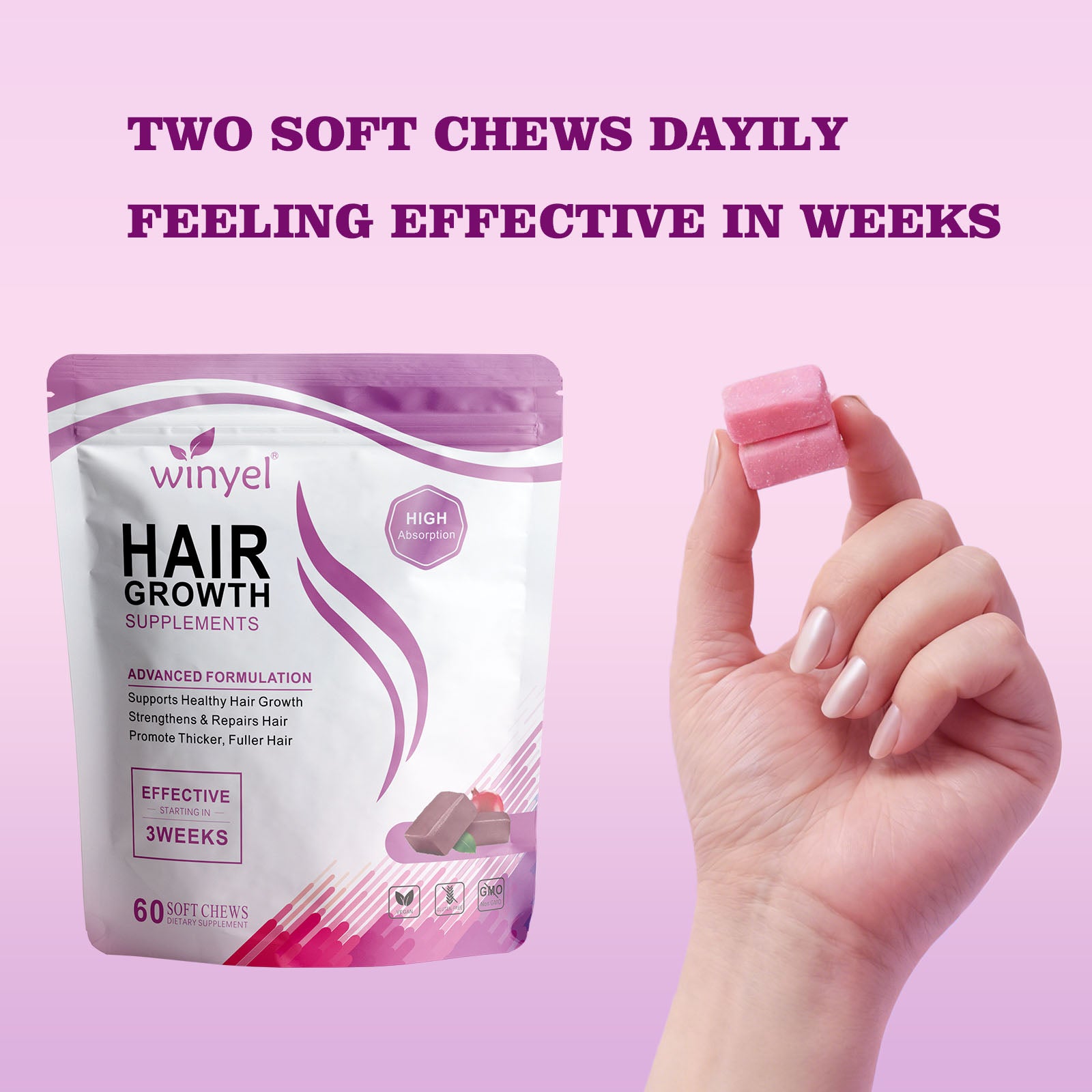 WINYEL Hair Growth Soft Chewables, Containing Hair Growth Vitamins For Men And Women, Biotin, To Help Create Thicker, Fuller, And Stronger Hair, Mixed Berries, 60 Soft Chewables.