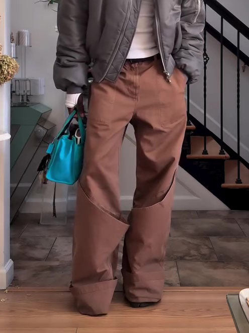 Brown Side Cutout Deconstructed Wide Leg Cargo Pants