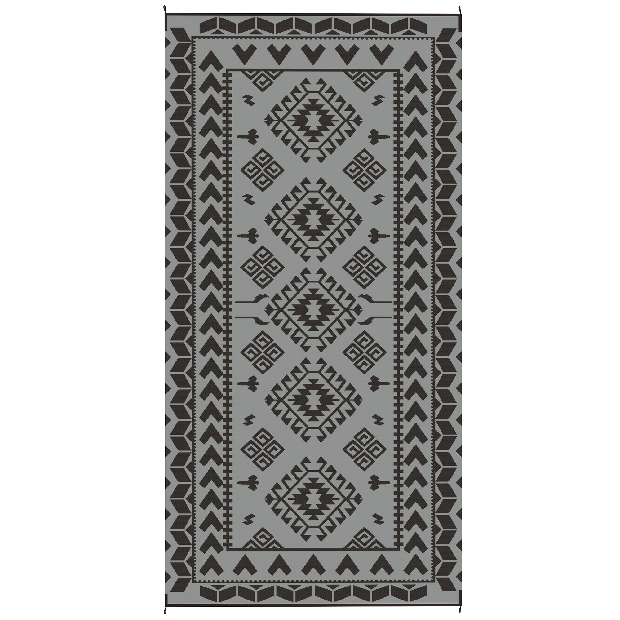 Reversible Outdoor Rug, Waterproof Plastic Straw With Carry Bag, 9 X 18, Black & Gray Rhombus Patchwork