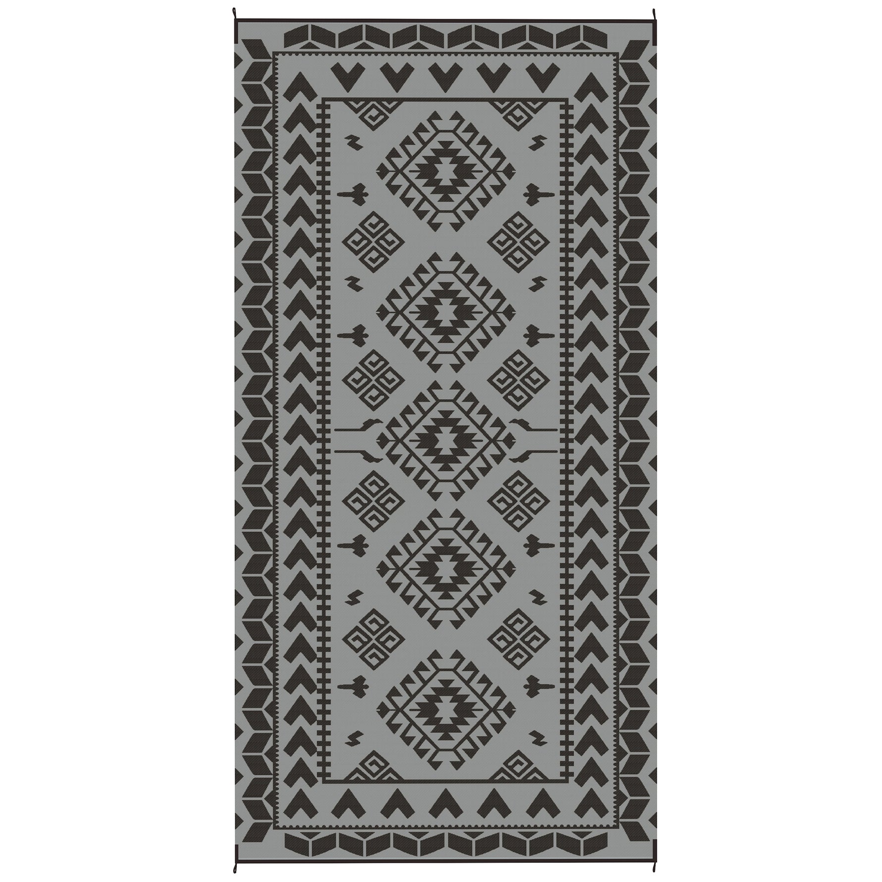 Reversible Outdoor Rug, Waterproof Plastic Straw With Carry Bag, 9 X 18, Black & Gray Rhombus Patchwork