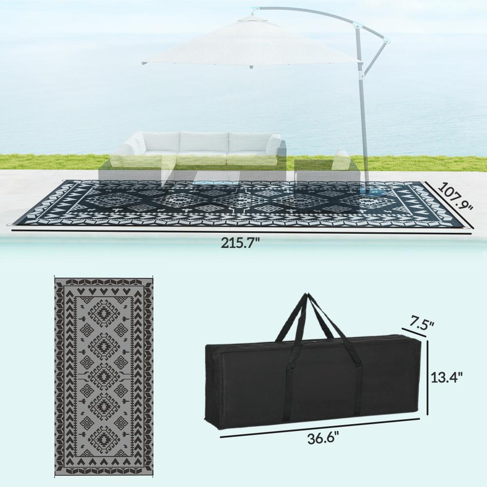 Reversible Outdoor Rug, Waterproof Plastic Straw With Carry Bag, 9 X 18, Black & Gray Rhombus Patchwork