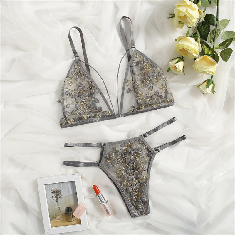 Sexy Three-point Three-dimensional Embroidered Flower Bra Panty Set