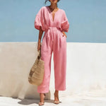 Fashionable V-Neck Solid Color Cotton-Linen Jumpsuit For Women