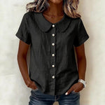 Womens Solid-Colored Short-Sleeve Casual Loose Cotton-Linen Shirt
