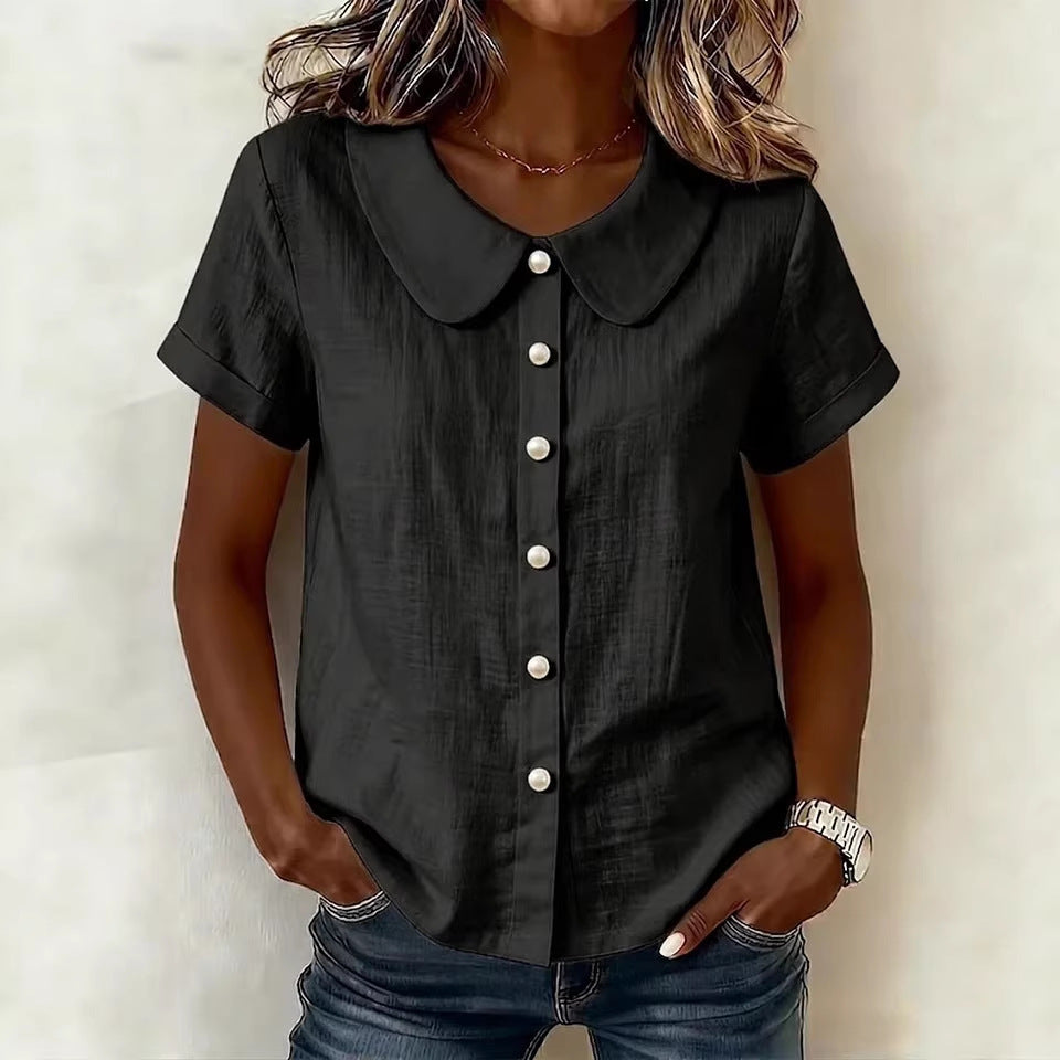 Womens Solid-Colored Short-Sleeve Casual Loose Cotton-Linen Shirt