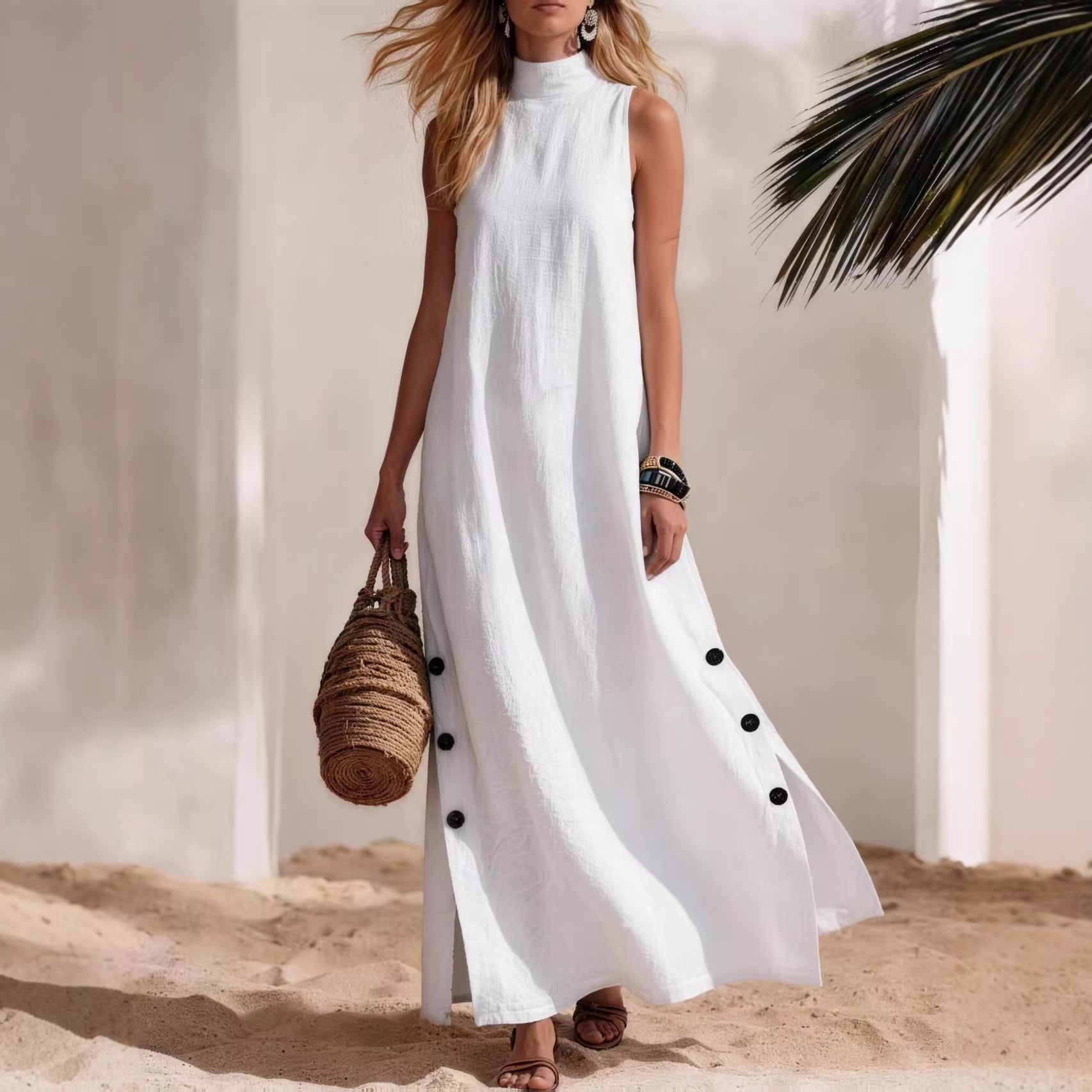 Casual Solid-Colored Cotton-Linen Sleeveless Mid-Length Dress With Side Slits
