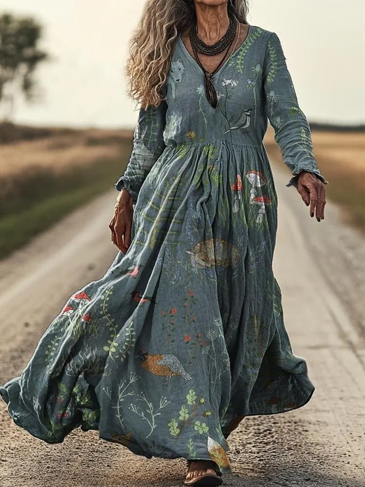Personalized Retro Chic V-Neck Long-Sleeve Dress