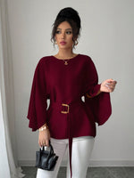 Womens Flared Sleeve Defined Waist Round Neck Lace-Up Slimming Shirt