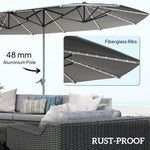 15ft Double-Sided Outdoor Umbrella With Solar Lights, Extra Large Aluminum Patio Umbrella With Crank, Dark Gray