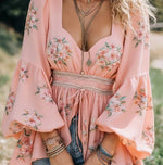 French-style Romantic Floral Print Puff Sleeve Fitted Waist Top For Women