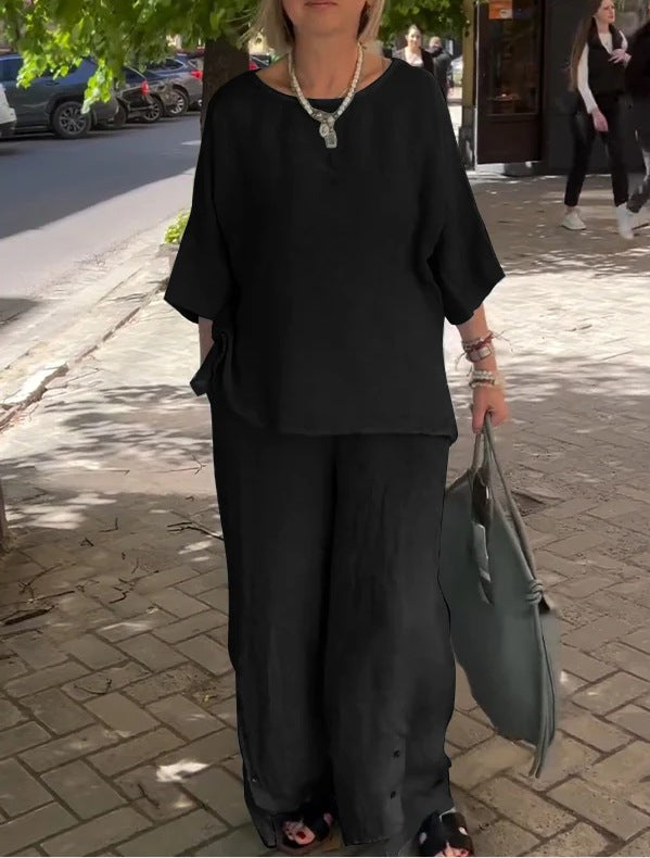 Casual Three-Quarter Sleeve Set Wide-Leg Pants Two-Piece Set