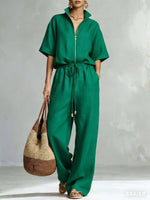 Womens Casual Loose Solid-Color Zip-Up Crew-Neck Wide-Leg Pants Set