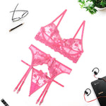 Three-Piece Lace Embroidered Bra, Panty And Garter Belt