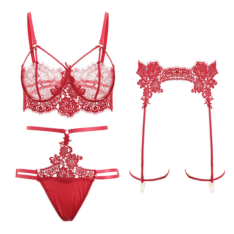 Embroidered bra printed panty sock suit