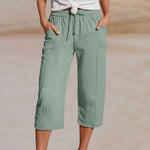 Women's Cotton-Linen Solid-Color Casual Cropped Pants With Elastic Waist