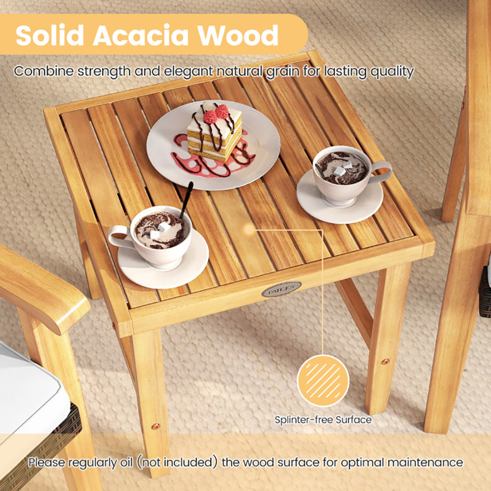 3 Pieces Patio PE Wicker Furniture Set Acacia Wood Outdoor Conversation Bistro Set