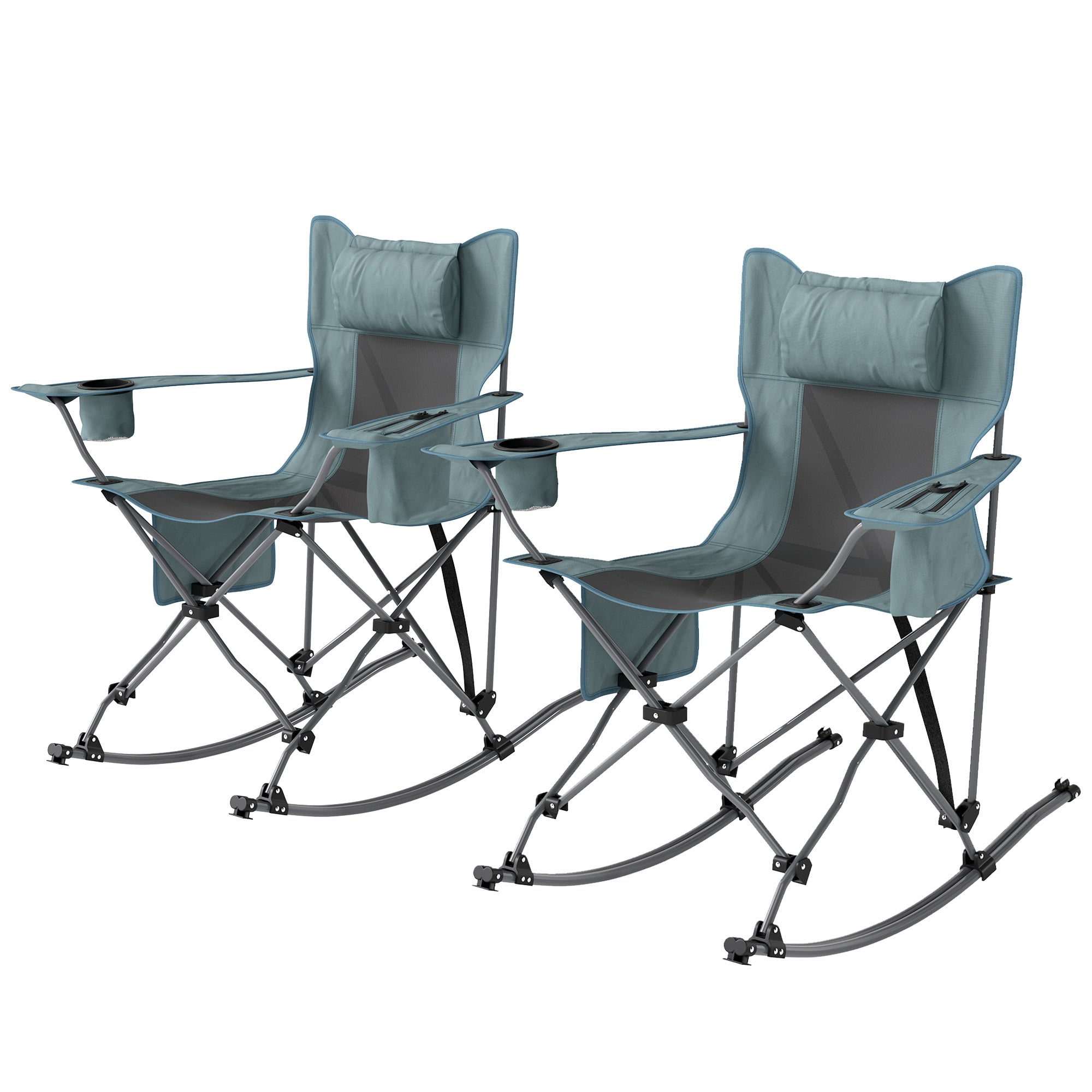 Folding Rocking Camping Chairs, Portable Chairs With Headrest, Cooler Bag, Cup Holder, Carry Bag, 2 Pack, Gray