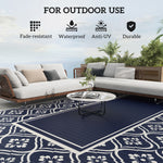 Reversible Outdoor Rug, Waterproof Plastic Straw With Carry Bag, 9 X 18, Blue & White Gourd Border