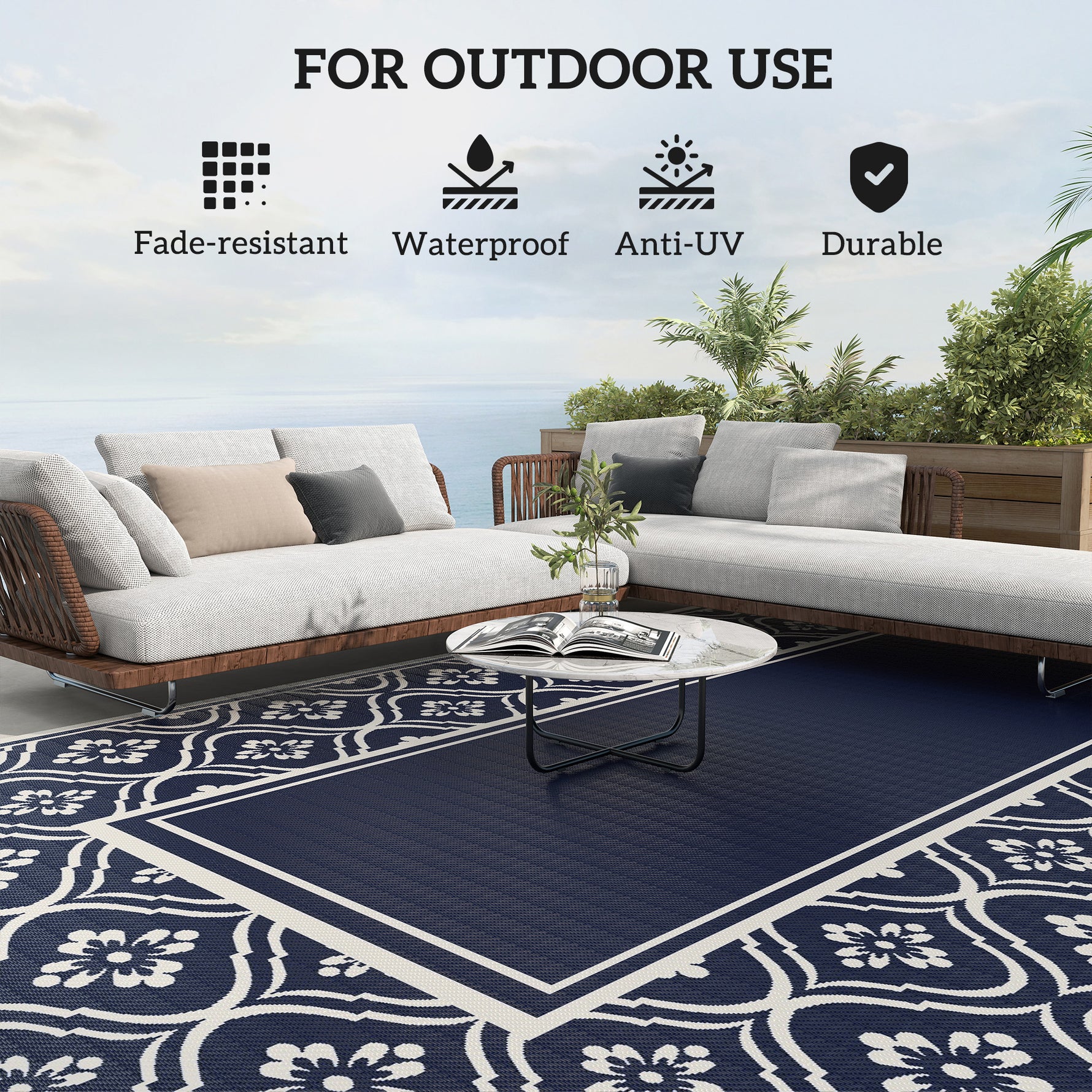Reversible Outdoor Rug, Waterproof Plastic Straw With Carry Bag, 9 X 18, Blue & White Gourd Border