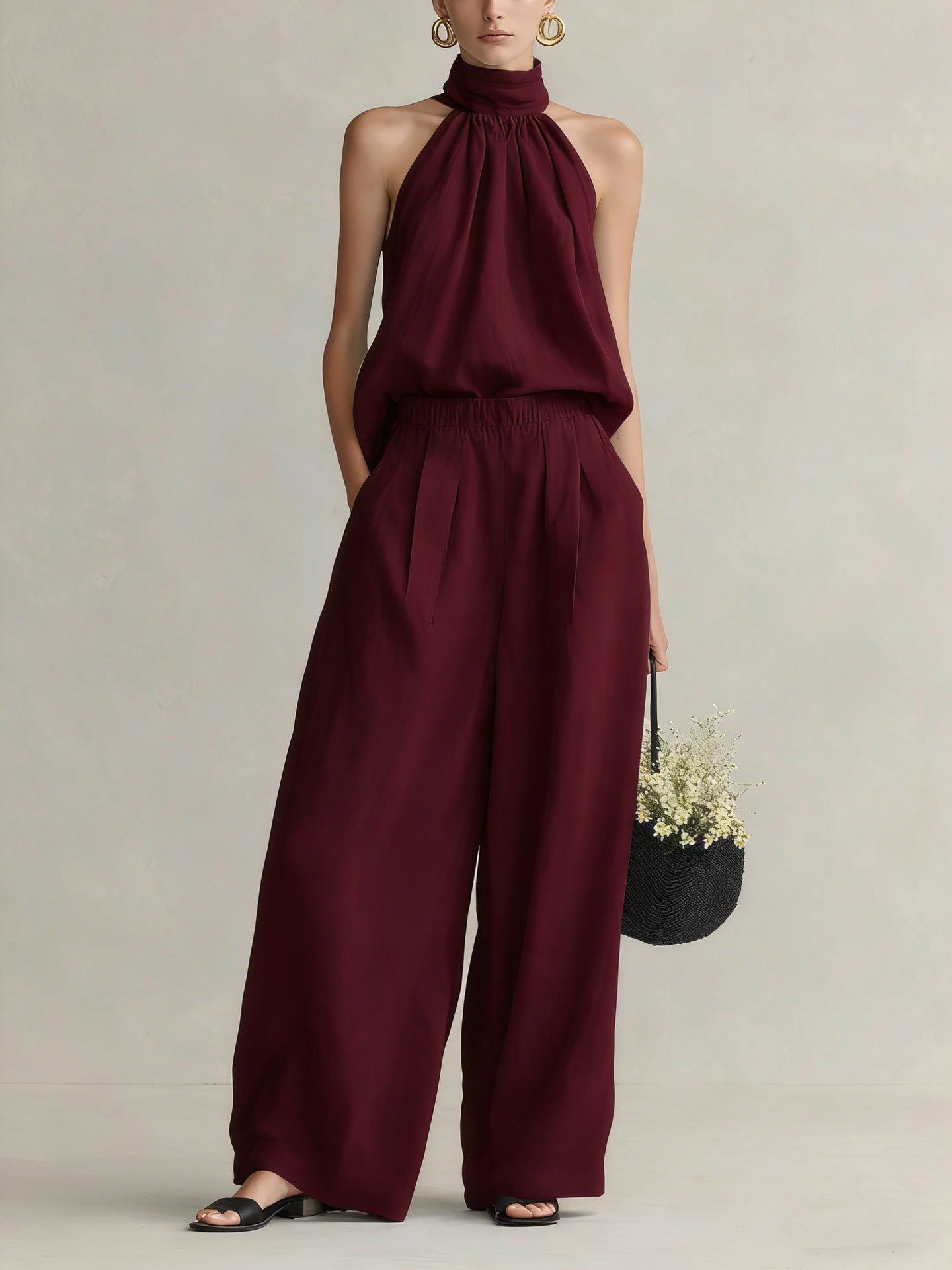 Womens Elegant Round-Neck Sleeveless Top And Pants Suit