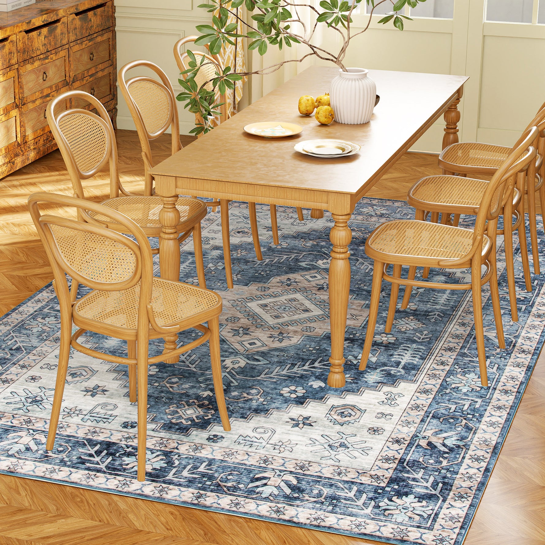 4x6 Area Rug, Vintage Washable Rug, Non-Slip Floor Carpet For Living Room, Bedroom, Dining Room, Blue
