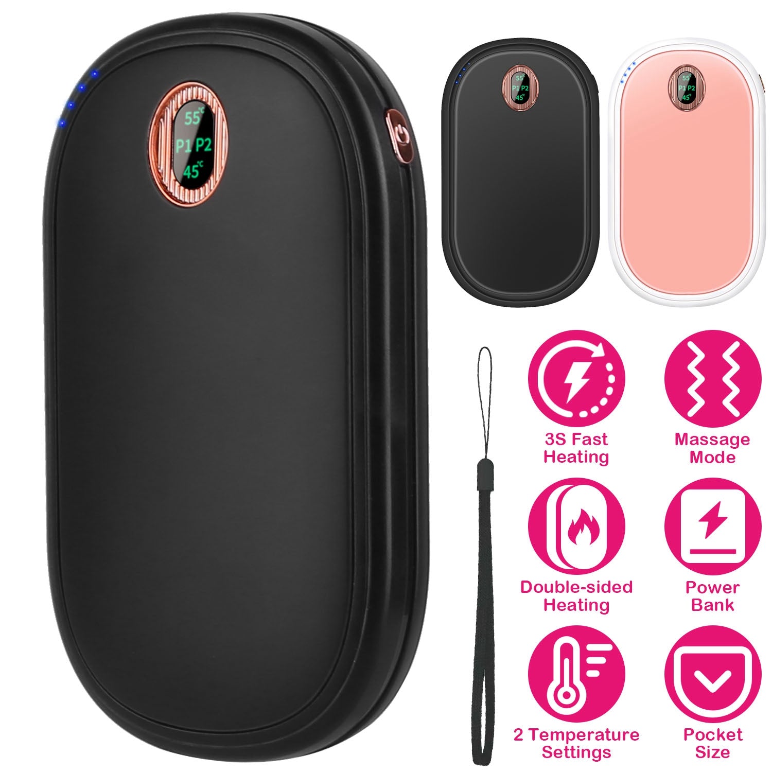 Black-Pink Color Options -- 1Pc Rechargeable Hand Warmer Electric Hand Heater Portable Reusable Pocket Warmer Power Bank With Digital Display 2 Levels Double-sided Heating