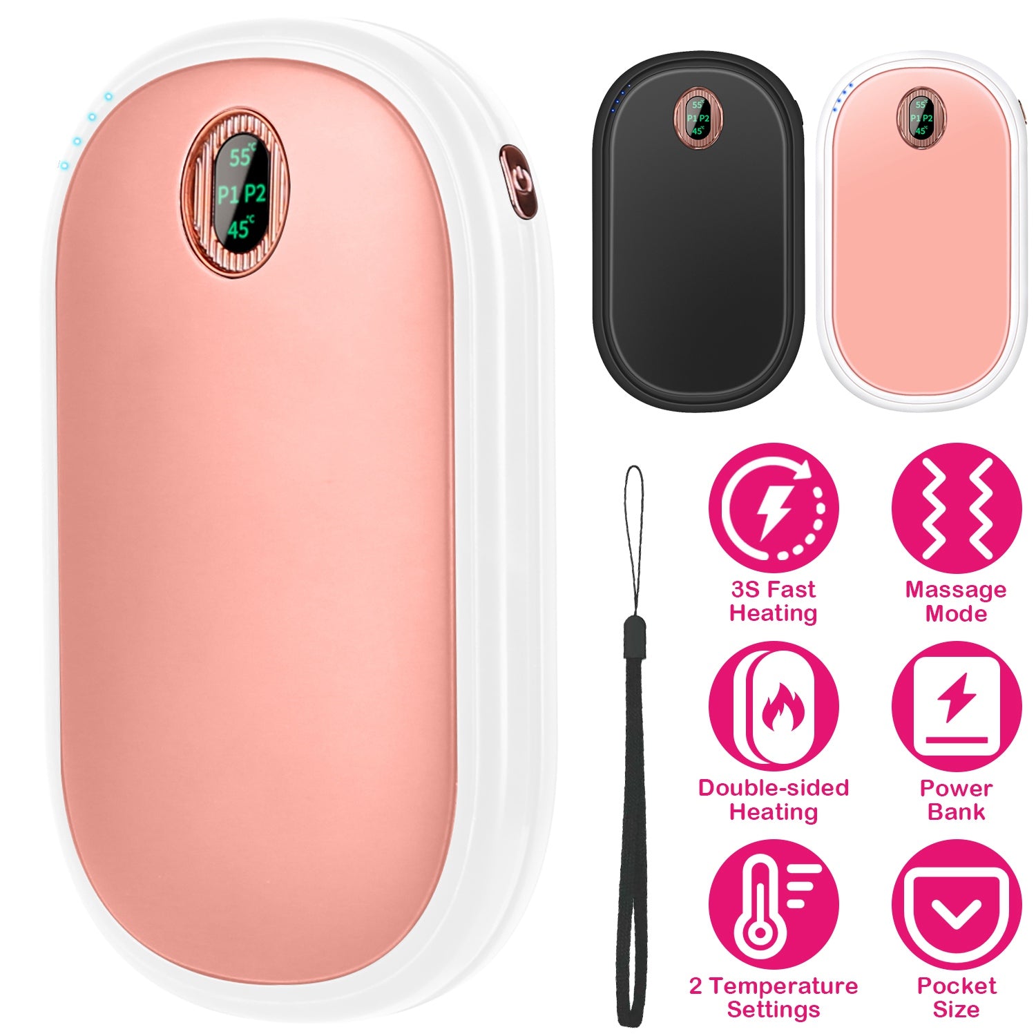 Black-Pink Color Options -- 1Pc Rechargeable Hand Warmer Electric Hand Heater Portable Reusable Pocket Warmer Power Bank With Digital Display 2 Levels Double-sided Heating