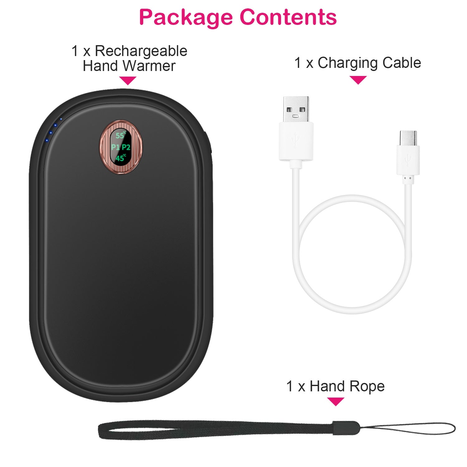 Black-Pink Color Options -- 1Pc Rechargeable Hand Warmer Electric Hand Heater Portable Reusable Pocket Warmer Power Bank With Digital Display 2 Levels Double-sided Heating