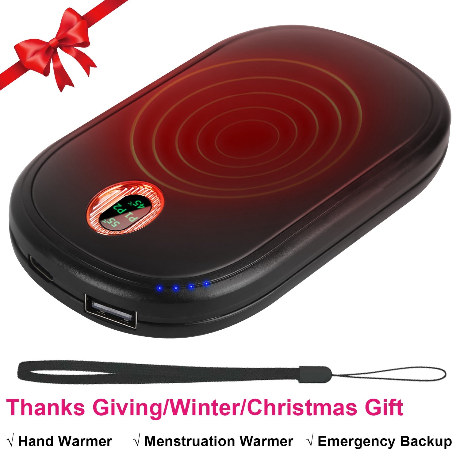 Black-Pink Color Options -- 1Pc Rechargeable Hand Warmer Electric Hand Heater Portable Reusable Pocket Warmer Power Bank With Digital Display 2 Levels Double-sided Heating