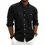 Linen Jacquard Striped Loose-fit Casual Stand-collar Long-sleeve Shirt
