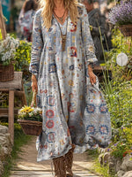 Personalized Retro Chic V-Neck Long-Sleeve Dress