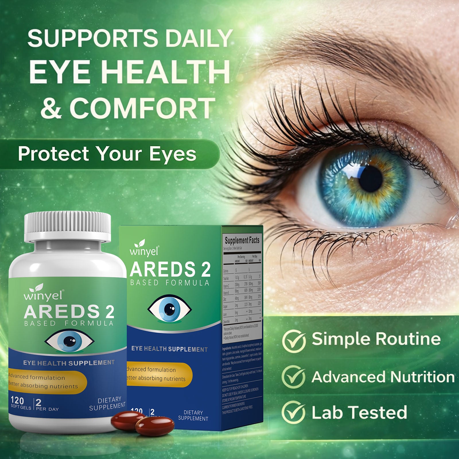 AREDS 2 Eye Vitamin And Mineral Supplement, Containing Lutein, Vitamin C, Zeaxanthin, Zinc, And Vitamin E, 120 Softgels.